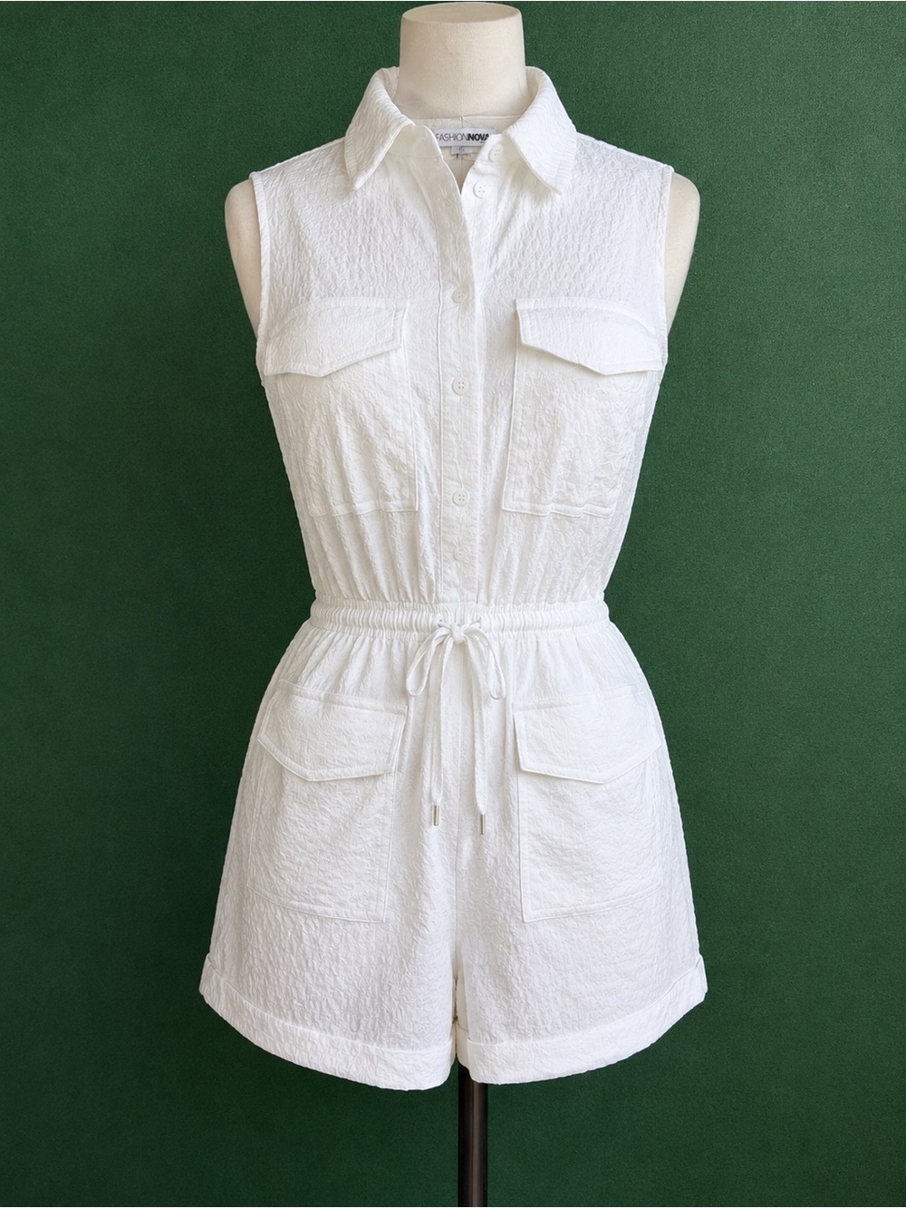 Fashion Nova White Textured Sleeveless Romper with Drawstring